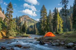 Tent Positioned on River Bank photo