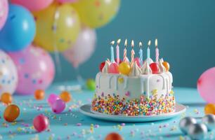 Birthday Cake With Lit Candles Surrounded by Balloons and Streamers photo