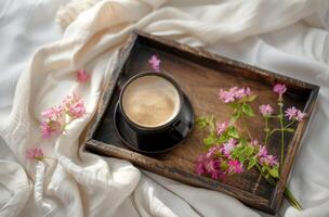 un taza de café en un de madera bandeja foto
