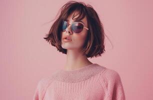 Woman Wearing Pink Sweater and Sunglasses photo