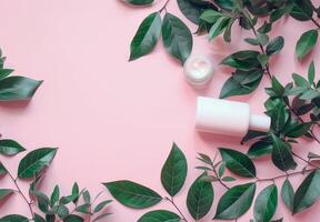 Pink Background With Green Leaves and Candles photo