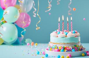 Birthday Cake With Lit Candles Surrounded by Balloons and Streamers photo