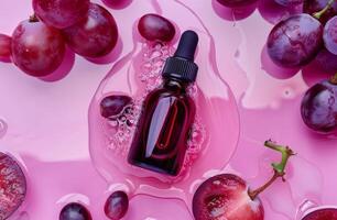 Bottle of Liquid on Plate of Grapes photo