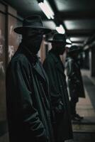 AI generated Hackers wear masks and hooded jackets, covering their faces. They are working on computers in a dark room. photo