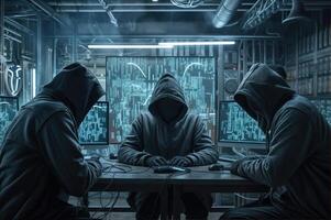 ai generado hackers vestir mascaras y encapuchado chaquetas, cubierta su caras. ellos son trabajando en ordenadores en un oscuro habitación. foto