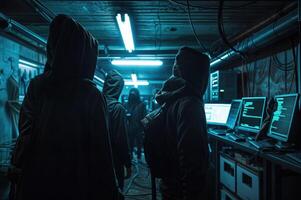 AI generated Hackers wear masks and hooded jackets, covering their faces. They are working on computers in a dark room. photo