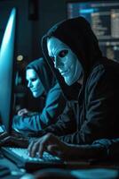 ai generado hackers vestir mascaras y encapuchado chaquetas, cubierta su caras. ellos son trabajando en ordenadores en un oscuro habitación. foto