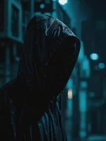 AI generated Hackers wear masks and hooded jackets, covering their faces. They are working on computers in a dark room. photo