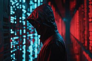 AI generated Hackers wear masks and hooded jackets, covering their faces. They are working on computers in a dark room. photo