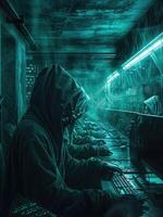 ai generado hackers vestir mascaras y encapuchado chaquetas, cubierta su caras. ellos son trabajando en ordenadores en un oscuro habitación. foto