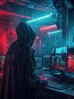 AI generated Hackers wear masks and hooded jackets, covering their faces. They are working on computers in a dark room. photo