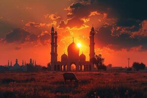 AI generated Silhouette of a lamb or goat With a Majestic Mosque Backdrop During a Breathtaking Sunset. photo