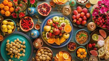 ai generado un abundante monitor de frutas, dulces, y manjares puesto fuera en un mesa en preparación para el eid al-adha foto