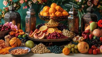 AI generated A bountiful display of fruits, sweets, and delicacies laid out on a table in preparation for the Eid al-Adha photo