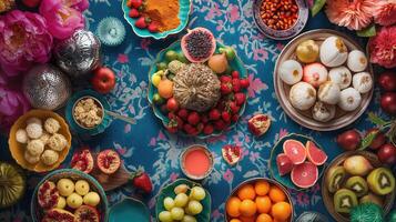 ai generado un abundante monitor de frutas, dulces, y manjares puesto fuera en un mesa en preparación para el eid al-adha foto