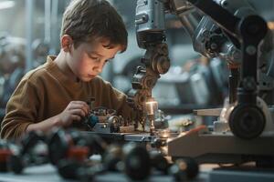 Young Boy Engaged in Robotics Assembly in a Modern Workshop During a Science Camp. photo