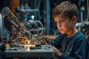 Young Boy Engaged in Robotics Assembly in a Modern Workshop During a Science Camp. photo