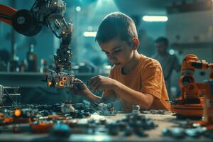 Young Boy Engaged in Robotics Assembly in a Modern Workshop During a Science Camp. photo