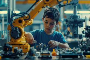 Young Boy Engaged in Robotics Assembly in a Modern Workshop During a Science Camp. photo