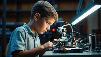 Young Boy Engaged in Robotics Assembly in a Modern Workshop During a Science Camp. photo