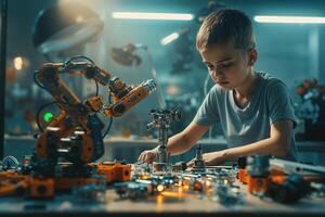 Young Boy Engaged in Robotics Assembly in a Modern Workshop During a Science Camp. photo