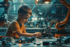 Young Boy Engaged in Robotics Assembly in a Modern Workshop During a Science Camp. photo