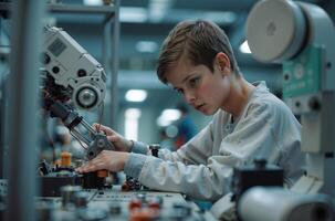 Young Boy Engaged in Robotics Assembly in a Modern Workshop During a Science Camp. photo