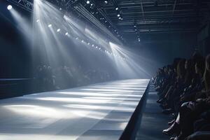 Audience Seated Along the Runway at a Fashion Show Under Spotlight. photo