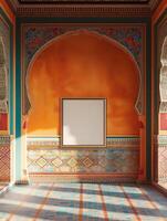 A mockup of a blank square photo frame hanging in the middle of wall with Moroccan, Middle Eastern, vibrant decoration.