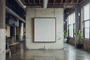 A mockup of a blank square photo frame hanging in the middle of wall with Industrial, urban, loft-style decoration