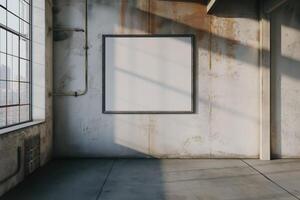 A mockup of a blank square photo frame hanging in the middle of wall with Industrial, urban, loft-style decoration