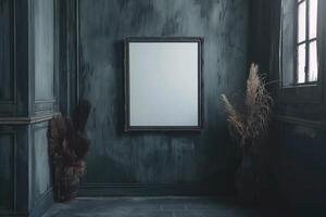 A mockup of a blank square photo frame hanging in the middle of wall with Gothic, dark, mysterious decoration