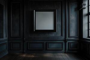 A mockup of a blank square photo frame hanging in the middle of wall with Gothic, dark, mysterious decoration