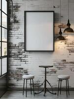 A mockup of a blank square photo frame hanging in the middle of wall with Industrial, urban, loft-style decoration