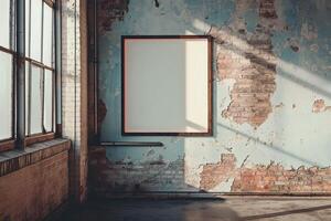 A mockup of a blank square photo frame hanging in the middle of wall with Industrial, urban, loft-style decoration