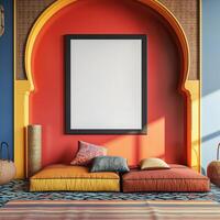 A mockup of a blank square photo frame hanging in the middle of wall with Moroccan, Middle Eastern, vibrant decoration.