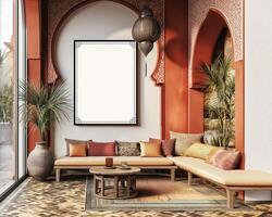 A mockup of a blank square photo frame hanging in the middle of wall with Moroccan, Middle Eastern, vibrant decoration.