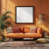 A mockup of a blank square photo frame hanging in the middle of wall with Southwestern, desert, earthy decoration.