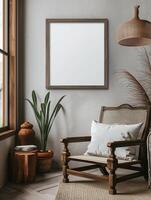 A mockup of a blank square photo frame hanging in the middle of wall with Southwestern, desert, earthy decoration.