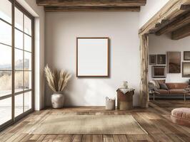 A mockup of a blank square photo frame hanging in the middle of wall with Western, cowboy, rustic decoration.