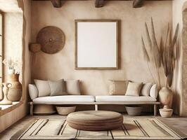 A mockup of a blank square photo frame hanging in the middle of wall with Southwestern, desert, earthy decoration.