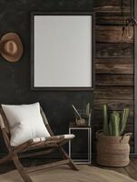 A mockup of a blank square photo frame hanging in the middle of wall with Western, cowboy, rustic decoration.