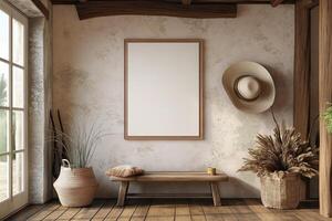 A mockup of a blank square photo frame hanging in the middle of wall with Western, cowboy, rustic decoration.