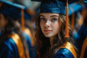 ai generado hembra graduado celebra graduación día a Universidad foto