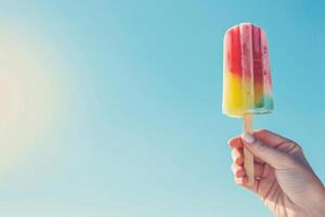 AI generated Female Hand Holds Vibrant Fruit Ice Pop Against blue Backdrop photo