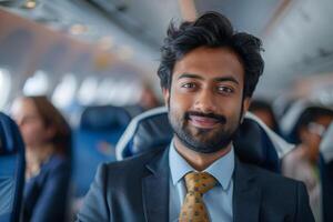 AI generated Male passenger in airplane cabin. Indian man during business trip photo