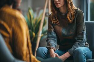 ai generado mujer a del psicólogo cita negociaciones acerca de su mental problemas foto