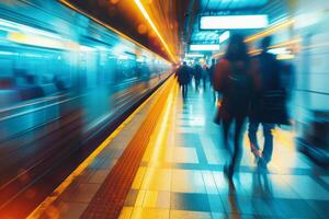 AI generated Passengers on railway station with motion blur effect photo