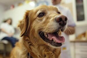 ai generado contento perro a veterinario clínica con médico en antecedentes foto