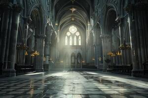 AI generated Empty Medieval Hall with Sunlight Filtering Through Stained Glass photo
